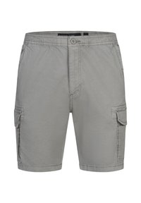 Hellgraue Cargo-Shorts aus Baumwolle mit Seitentaschen, einem Knopfverschluss und einem lockeren Schnitt. Verfügen über dezente Nähte.