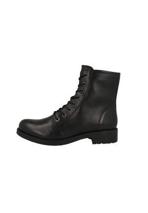 Black leather ankle boot featuring a rounded toe, front lace-up design, and a low block heel. Smooth texture with minimal accents.