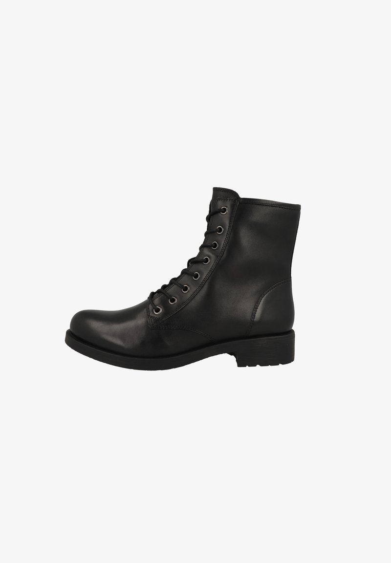 Black leather ankle boot featuring a rounded toe, front lace-up design, and a low block heel. Smooth texture with minimal accents.