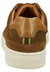 Brown suede sneaker with a smooth leather heel, white rubber sole, and a green and yellow striped accent on the back.