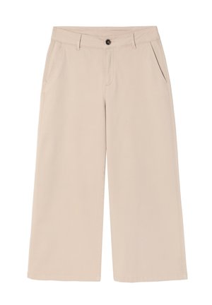 Beige weite Hosen aus Baumwolle mit Knopfverschluss, zwei Seitentaschen und einer glatten Textur. Maßgeschneiderter, lässiger Stil.