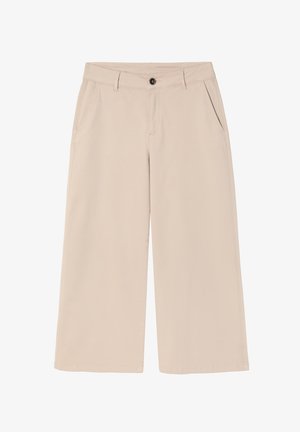 Beige, bővített nadrág, pamutból készült, gombos záródással, két oldalsó zsebbel és sima textúrával. Varrt, laza stílusú dizájn.