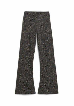 Black flared leggings featuring a leopard print pattern in shades of gold and brown, with a smooth, stretchy fabric and an elastic waistband.