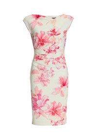Robe fourreau blanche avec imprimé floral rose, design sans manches et taille cintrée, adaptée aux occasions formelles ou décontractées.