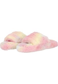 Flauschige Pantoffeln mit offener Zehenpartie in einem sanften Farbverlauf von Pastellrosa zu Gelb, ausgestattet mit einer weichen Textur, einem plüschigen Obermaterial und einer gepolsterten Sohle.