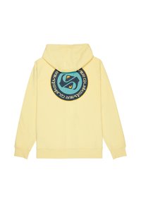 Sweat à capuche jaune avec un grand motif circulaire au dos, présentant un design bleu sarcelle et des accents noirs. Tissu doux avec une coupe décontractée.
