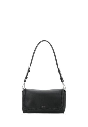 Black textured leather shoulder bag with adjustable strap and flap closure, labeled with "abro" logo on front center.