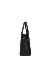 Black leather handbag with a textured finish, a structured shape, two overlapping handles, and a gold-tone hardware accent.