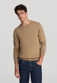 Maglione a maglia color marrone chiaro con colletto rotondo e polsini a coste. Indossato con jeans blu scuro, che mostrano un design e una texture semplici e classici.