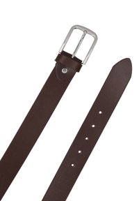 Brown leather belt with a silver metal buckle. Features five adjustment holes, smooth texture, and a pointed end.
