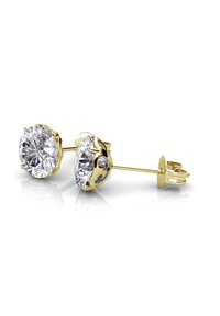 Gouden studs met grote, ronde heldere edelstenen met facetten, gezet in een decoratieve zetting.