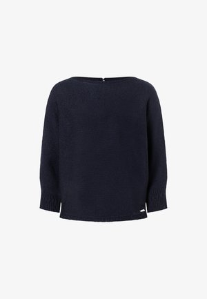 Navy blue knitted sweater with three-quarter sleeves, wide neckline, and a back zipper. Features a textured, ribbed pattern and side slit.