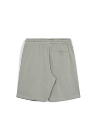 Pantaloni corti in cotone grigio chiaro con vita elastica, dotati di una tasca posteriore e un design dalla vestibilità relax. Tessitura liscia, lunghezza fino al ginocchio.