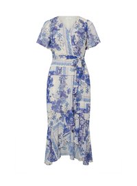 Kukkakuvioinen kietaisumekko, jossa on sinivalkoiset kuviot, lyhyet hihat, v-pääntie ja frillahelma. Valmistettu kevyestä, valuvaasta kankaasta.