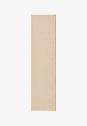 Langer rechteckiger beiger Schal mit wiederholtem „GUESS“-Logo-Muster in Zickzack-Anordnung und fransigen Rändern.