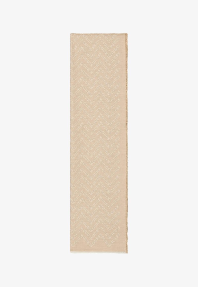 Longue écharpe rectangulaire beige avec motif répété du logo "GUESS" en disposition en zigzag et bords à franges.