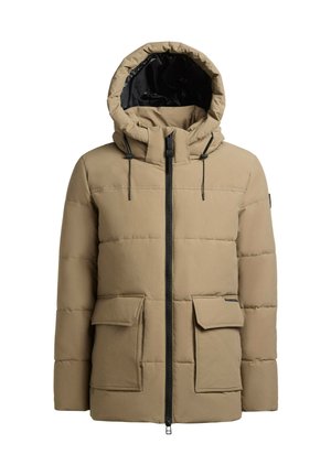 Bēša pūkainā jaka ar kapuci, ar priekšējo rāvējslēdzēju, divām lielām priekšējām kabatām un regulējamām auklām. Gluda auduma tekstūra.