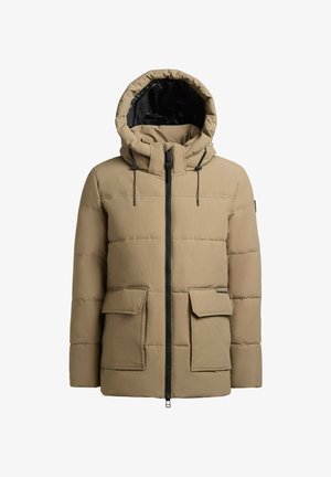 Beige sulgepuster, millel on kapuuts, esi tõmblukk, kaks suurt esikotti ja reguleeritavad nöörid. Sile kangatekstuur.