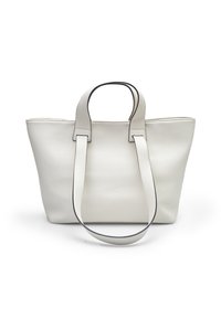 Hvid læder tote bag med dobbelt håndtag, rektangulær form, tekstureret overflade og kontrasterende stikninger langs håndtagets kanter.