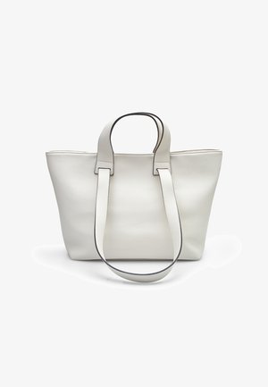 Hvid læder tote bag med dobbelt håndtag, rektangulær form, tekstureret overflade og kontrasterende stikninger langs håndtagets kanter.