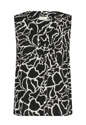 Sort-hvid abstrakt mønstret ærmeløs bluse med V-hals og en lille sort knap foran i midten.