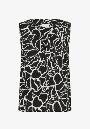 Blouse sans manches à motifs abstraits en noir et blanc, avec un col en V et un petit bouton noir au centre devant.