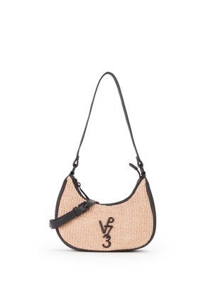 Small beige woven shoulder bag with black leather trim, adjustable strap, and black "V73" logo on front.