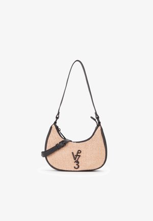 Kleine beige geweven schoudertas met zwarte leren afwerking, verstelbare band en zwart "V73" logo aan de voorkant.