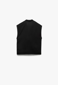 Zwart mouwloos topje met een gladde textuur, voorzien van een V-vormige achterkant en een minimalistisch ontwerp, gemaakt van lichtgewicht stof.