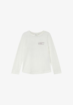 Witte lange mouwen shirt met ronde hals, kleine paarse bloemenafbeelding en de tekst "Je kunt de grootste zijn" op de linkerborst.