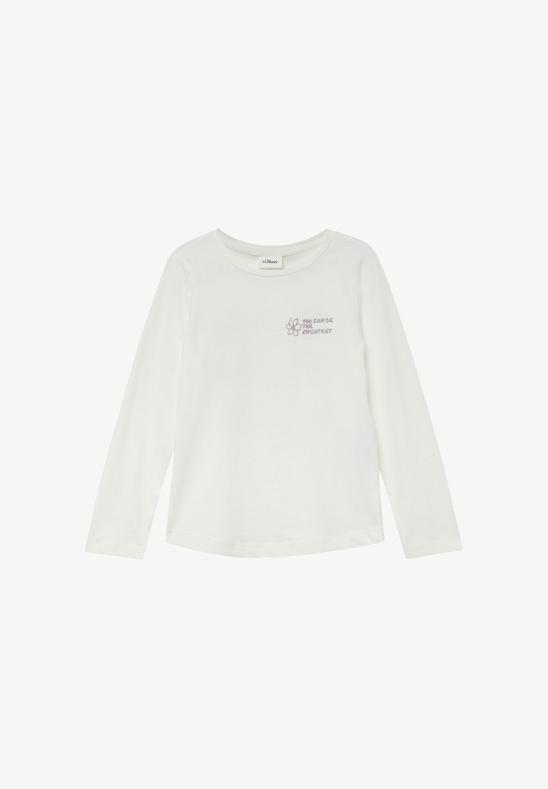 Weißes Langarmshirt mit Rundhalsausschnitt, kleiner lila Blumen-Grafik und dem Text "Du kannst der Größte sein" auf der linken Brust.