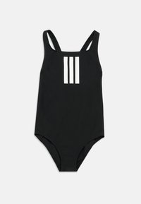 Μαύρο μαγιό με χοντρές τιράντες στους ώμους, κομψό σχέδιο και τρεις κάθετες λευκές ρίγες στο μπροστινό μέρος. Λείο, ελαστικό ύφασμα.