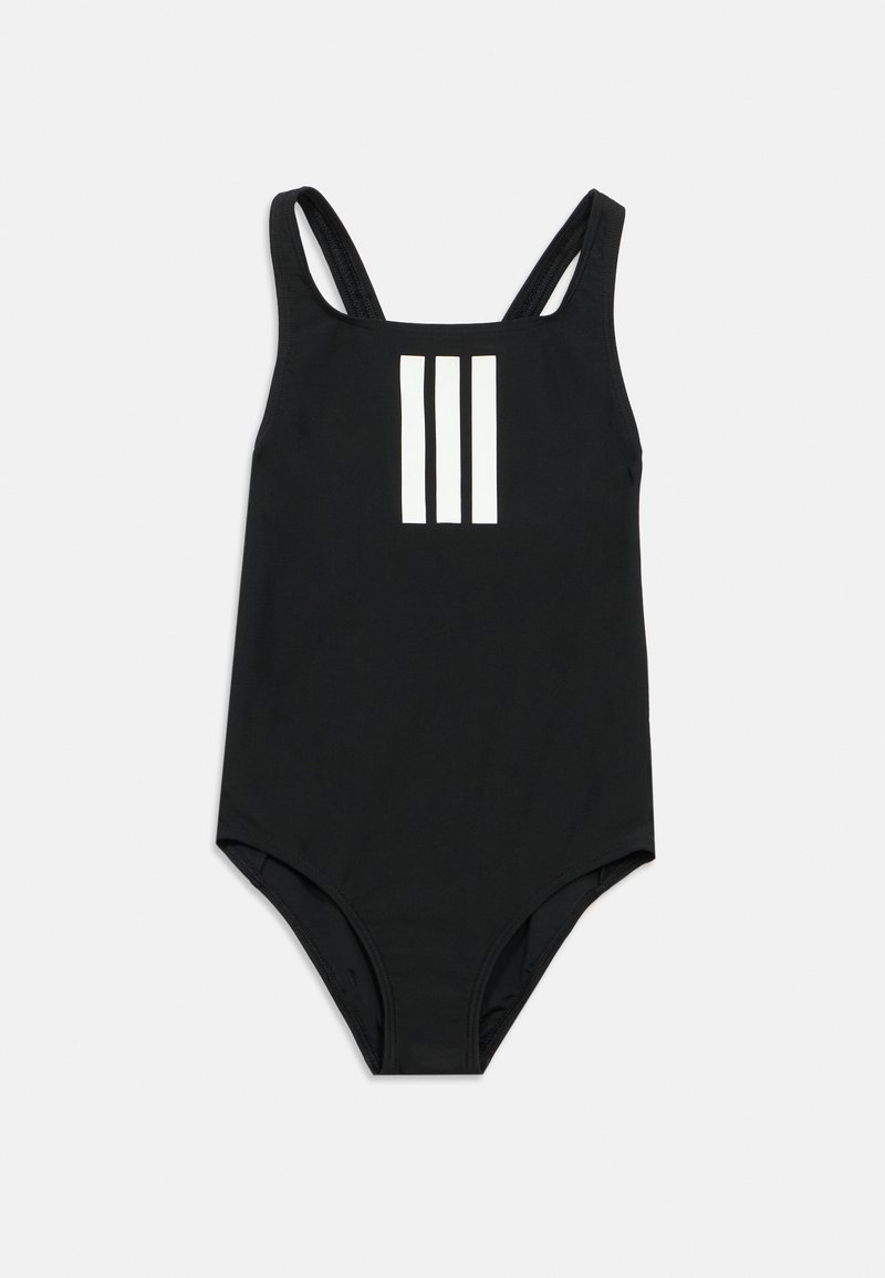 Μαύρο μαγιό με χοντρές τιράντες στους ώμους, κομψό σχέδιο και τρεις κάθετες λευκές ρίγες στο μπροστινό μέρος. Λείο, ελαστικό ύφασμα.