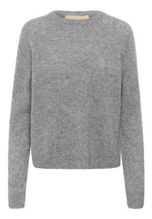 Mäkký šedý huňatý pletený sveter s dlhými rukávmi a rebrovanými manžetami a lemom, s okrúhlym výstrihom, veľkosť stredná, štítok vo vnútri goliera.