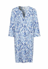 Vestido ligero con un patrón floral azul sobre fondo blanco, con escote en V y mangas a tres cuartos para un ajuste relajado.