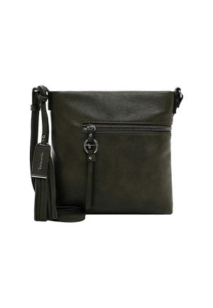 Dark green leather crossbody bag with a front zip pocket, adjustable strap, and a decorative tassel. Smooth, textured finish.