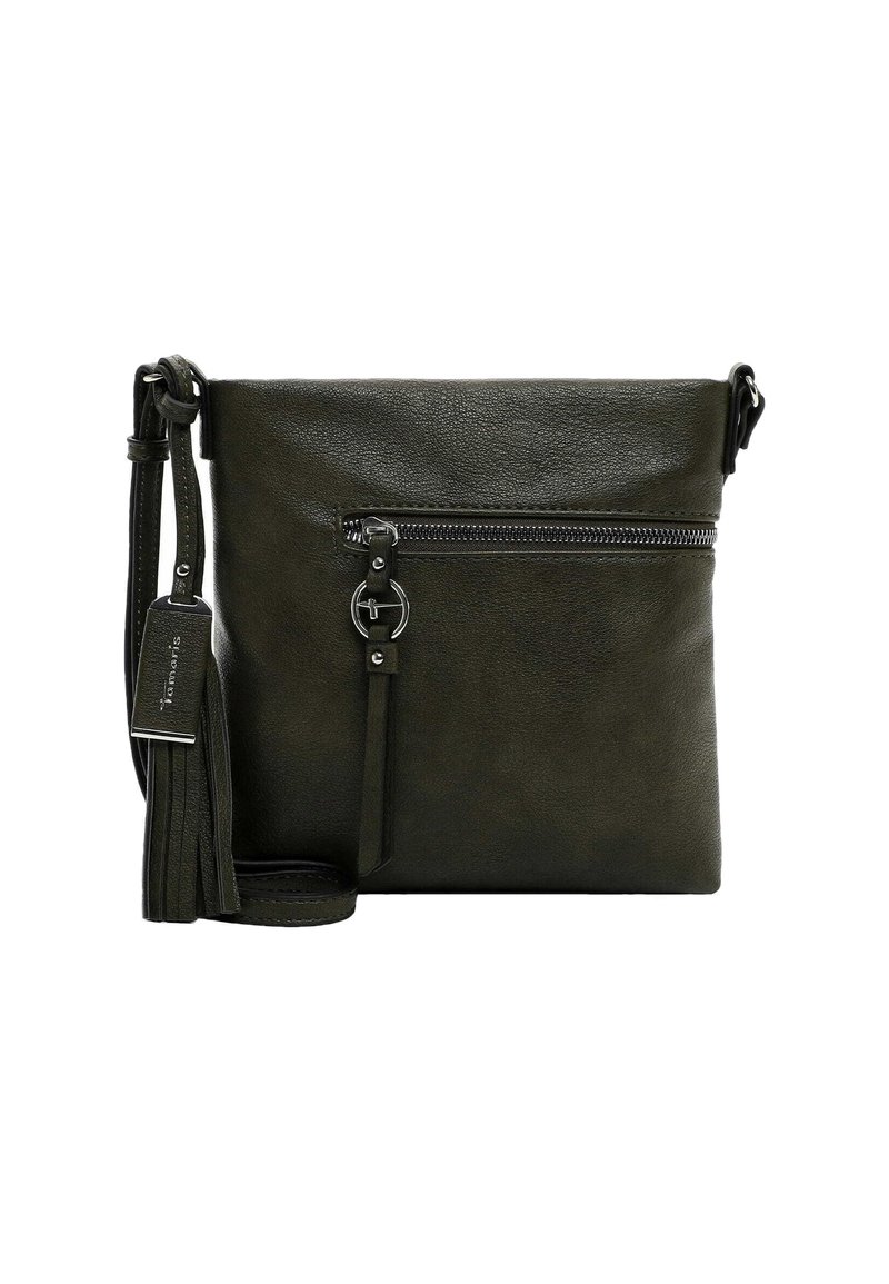 Dark green leather crossbody bag with a front zip pocket, adjustable strap, and a decorative tassel. Smooth, textured finish.
