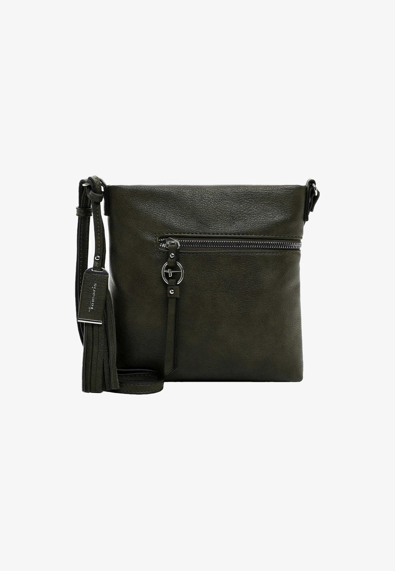 Bolso cruzado de cuero verde oscuro con un bolsillo frontal con cremallera, correa ajustable y un borlas decorativa. Acabado suave y texturizado.
