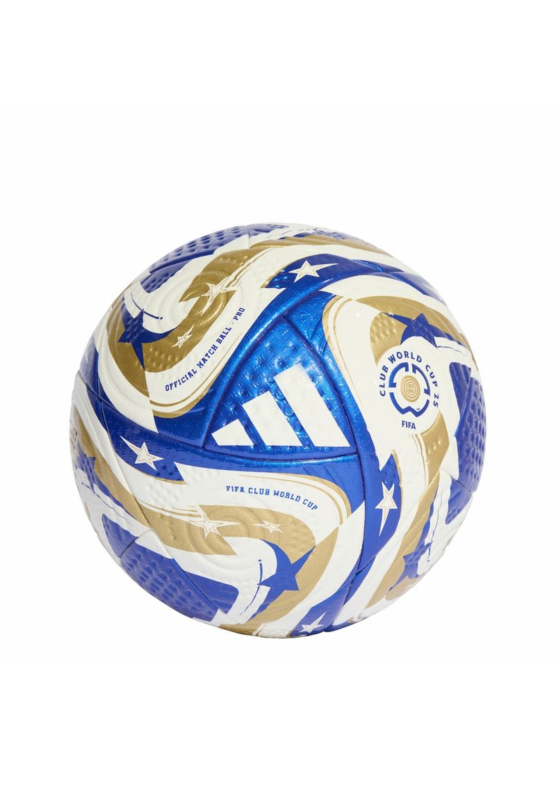 Adidas FIFA Club World Cup soccer ball featuring a blue, white, and gold design with textured surface and star patterns.