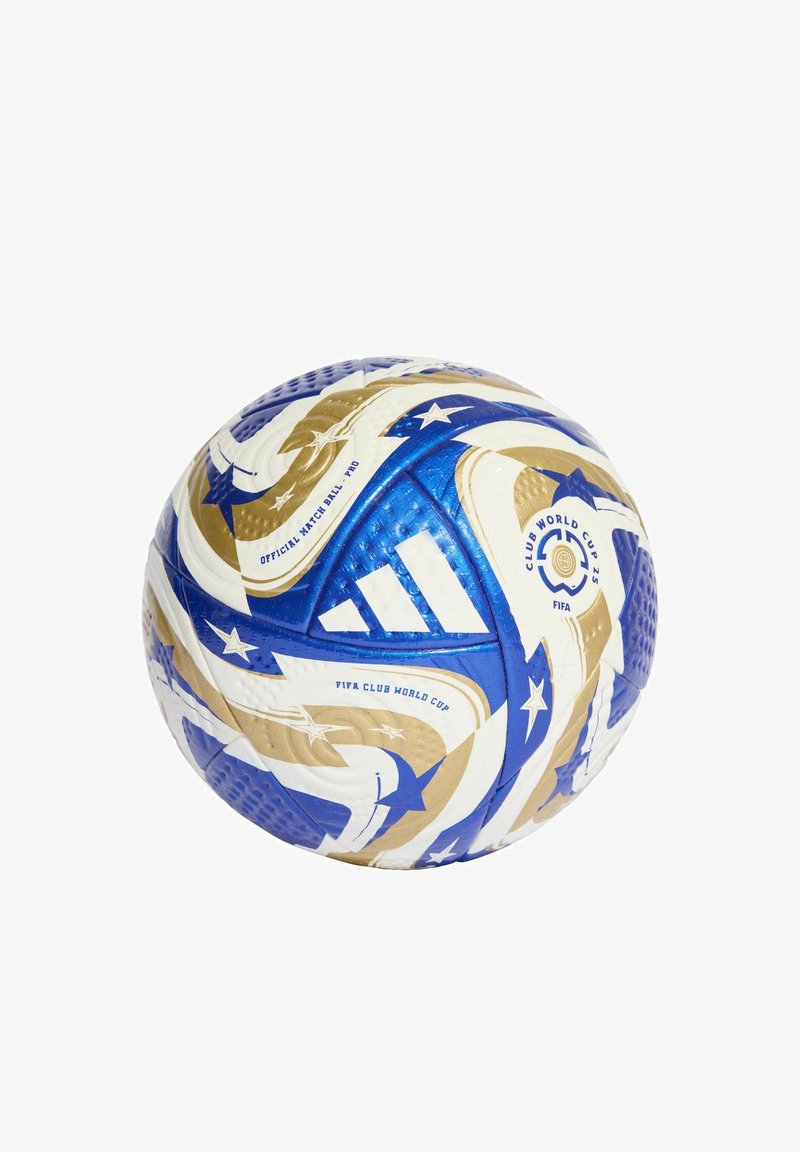 Futbalová lopta Adidas FIFA Club World Cup s modrým, bielym a zlatým dizajnom, s textúrovaným povrchom a hviezdovými vzormi.
