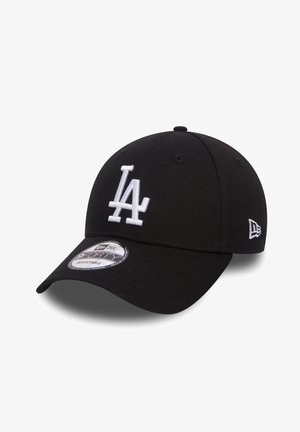 Casquette de baseball noire réglable avec logo LA brodé en blanc à l'avant et logo New Era sur le côté, visière incurvée et autocollant sur le dessus.