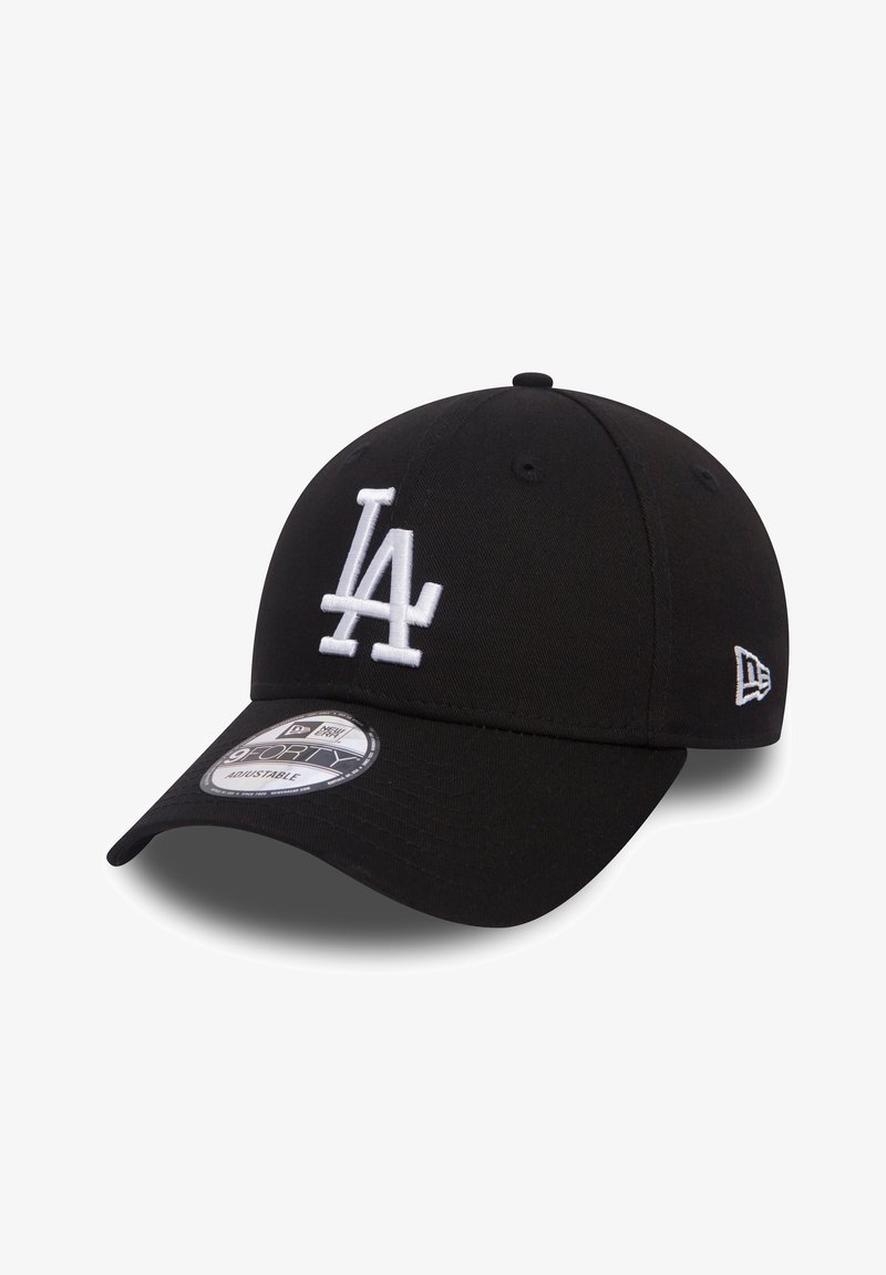 Casquette de baseball noire réglable avec logo LA brodé en blanc à l'avant et logo New Era sur le côté, visière incurvée et autocollant sur le dessus.