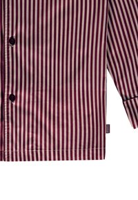 Gestreepte shirt met verticale kastanjebruine en crèmekleurige lijnen, knoopsluiting, lange mouwen en een label aan de zijkant. Soepele textuur, slim fit.