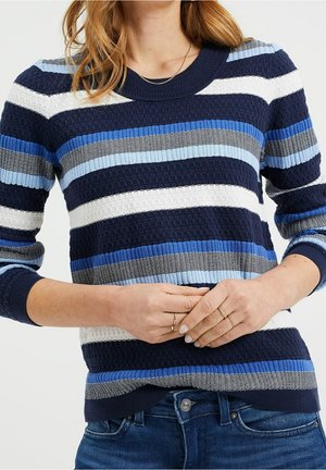 Femme portant un pull texturé rayé bleu marine, blanc et bleu clair, les mains jointes, avec des bagues et un collier.