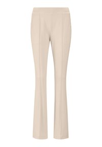 Beige uiteindelijke broeken van soepel stof. Kenmerkt een brede tailleband en twee voorkanten naden. De zoom is licht afgerond zonder zichtbare sluiting.