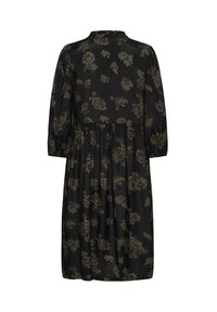 Rochie neagră cu un model floral în nuanțe de verde stins și bej. Dispune de un guler rotund, mâneci trei sferturi și o fusta fluidă.