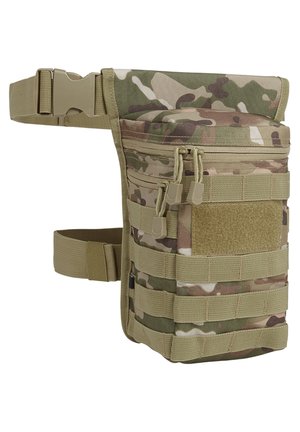Poche ceinture en camouflage fabriquée en tissu durable, dotée de plusieurs compartiments, de fermetures éclair et de sangle MOLLE pour attacher et faciliter l'utilisation.