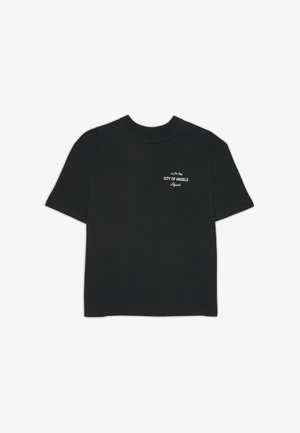 Musta puuvillainen t-paita, jossa on pyöreä kaula-aukko, lyhyet hihat ja valkoinen "CITY OF ANGELS" -painatus rinnan kohdalla.