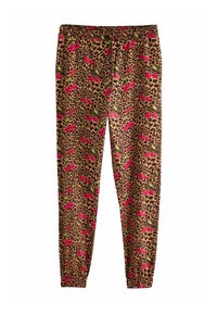 Pants med leopardprint og røde kirsebærmønstre; lavet af blødt stof, med elastisk talje og tapered ben-design.