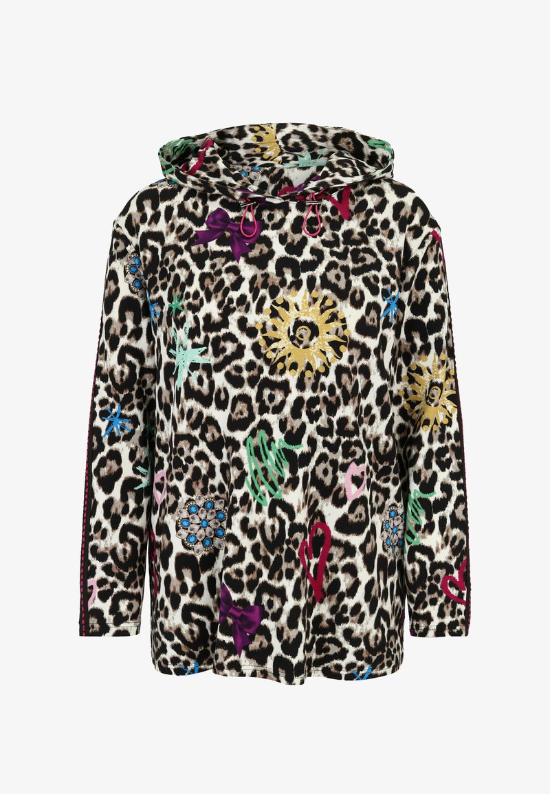 Leopardenmuster-Hoodie mit bunten Sonnensymbolen, Sternen, Herzen, Schleifen und juwelähnlichen Blumenverzierungen, mit lila Kordeln an der Kapuze.